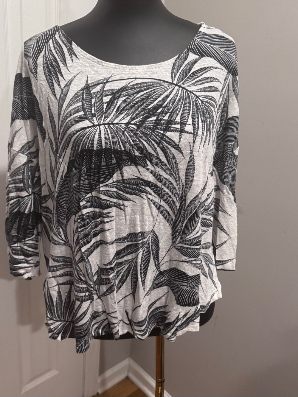 Tahari 100% Linen Tropical Palm Leaf Top 3X Black White Oversized Resort